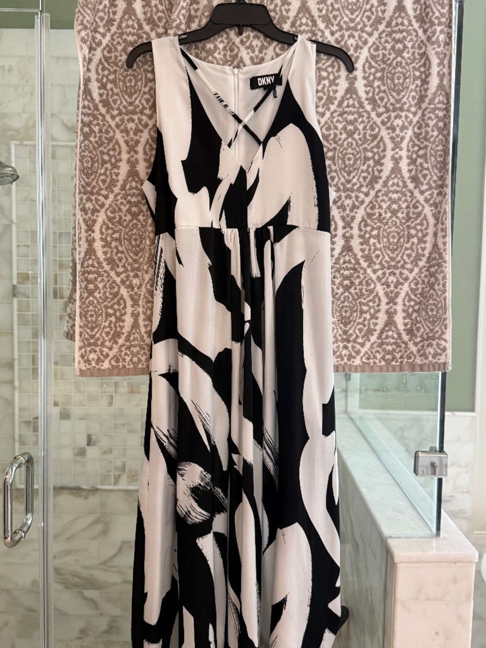 DKNY Large Black Ivory Abstract Print Sleeveless Midi Dress